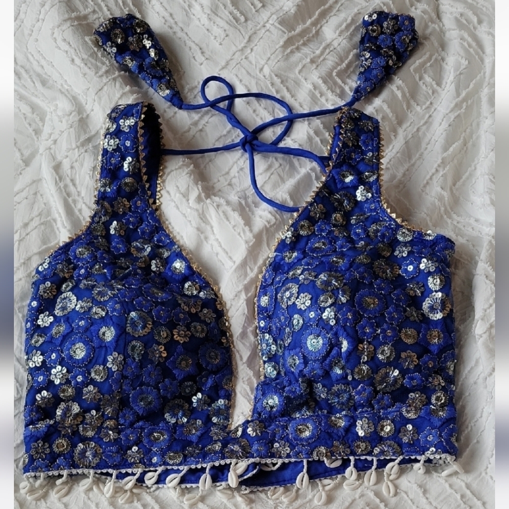 Blue Sequin Lengha / Lehenga Top - Picture 4 of 4
